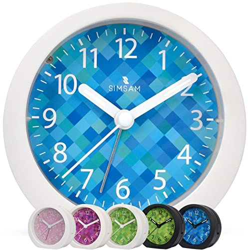 SIMSAM Wecker Kinder Mädchen, Wecker Kinder Jungen, Kinderwecker Mädchen, Kinderwecker Jungen, Kinder Wecker für Mädchen Jungen Ohne Ticken, Wecker Analog für Kinder mit 24 Melodien (Weiß-Blau)