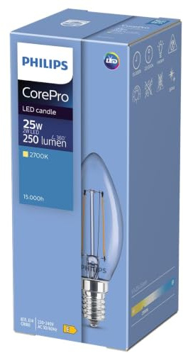 Philips CorePro LED Candle Bent Tip 2W 25W Equivalent E14 SES Clear Bulb, 2700K Very Warm White, Non Dimmable Decorative Lamp for Chandeliers, Wall Lights & Table Lamps