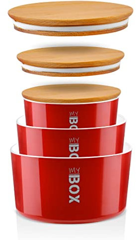 Lashuma Kunststoff Vorratsbehälter Rot, 3x Aufbewahrungsdosen Cornflakes, Dosen Set für Plätzchen