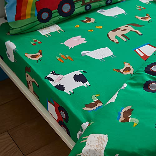 Catherine Lansfield Kids Bedroom Farmyard Animals Polycotton Double Fitted Sheet 15cm Depth Green