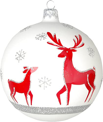 Krebs Glas Lauscha - Weihnachtsdekoration/Christbaumschmuck aus Glas - Weihnachtskugeln - Motiv: Weiß matt mit roten Rentieren - Größe: 4 mal 10cm