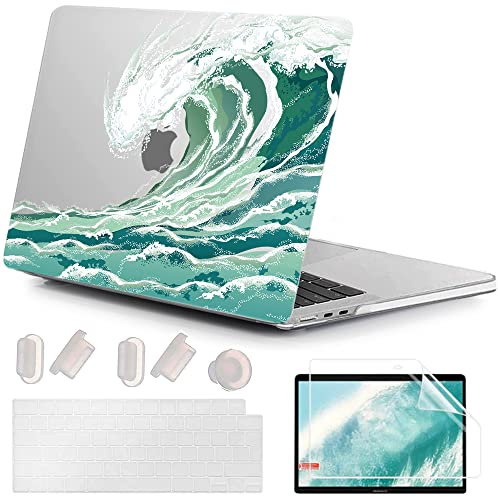 MUSHUI 4 in 1 Custodia per Macbook Air M2 M3 M4 13,6 Pollici A2681 A3113 A3240, 2025 2024 2022 con Touch ID, Plastica Case Cover Rigida & Pellicola Tastiera & Proteggi Schermo, Onde Verdi 1