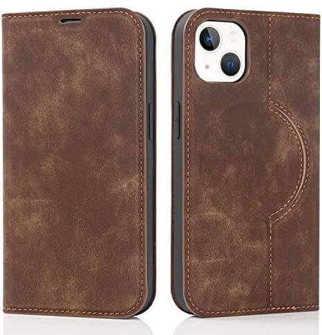 QLTYPRI Hülle für iPhone 14/iPhone 13 Kompatibel mit MagSafe, Ledertasche Handyhülle [RFID Schutz] Flip Case mit Kartenhalter Ständer Magnet Klapphülle für iPhone 14/iPhone 13 - Braun