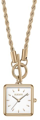 BURKER Kette Damen mit Uhr Anhänger Daisy Halskette Damen Edelstahl 24K Gold Plated Geschenk für Frauen - Gold - 45 cm Kette - 18 mm Umhängeuhr Quadratisch