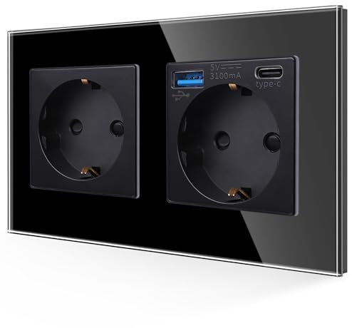JIMEIDA Enchufe Doble con USB en Negro, Enchufes Schuko de Cristal de 16A con Conector USB de Carga Rápida y Puerto Tipo C máx.3.1A,-157 * 86mm, 250V, 2 compartimento