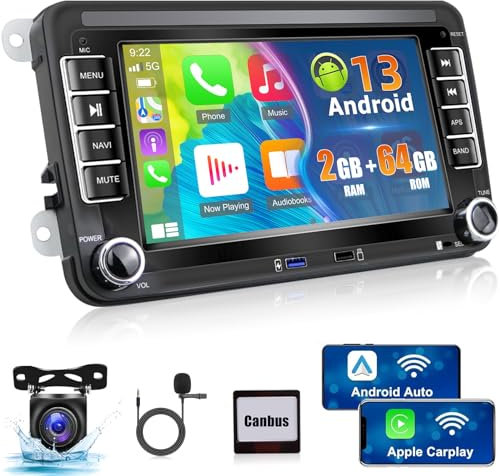 NHOPEEW 2+64G Android Autoradio für VW Golf Passat Polo, Skoda, Seat mit kabellosem Apple Carplay und Android Auto, Touchscreen, Spiegelung, GPS Navi, WiFi, HiFi + AHD-Rückfahrkamera