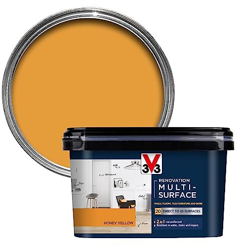 V33 Peinture rénovation multi-surfaces Jaune miel 2L | Direct sur 20 surfaces y compris le bois, le carrelage et le métal | Résistance à l'eau, aux taches et aux chocs | Haute couverture | Lavable |