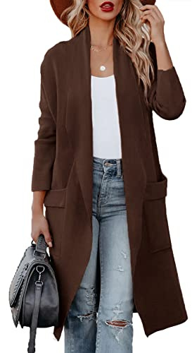 Uusollecy Cardigan Donna Lungo a Maniche Lunghe Drappeggiato Aperto con Tasche Cardigan Donna Autunno Invernale