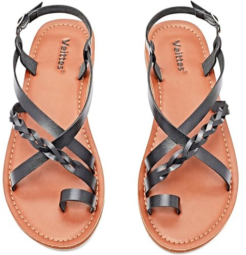 Veittes Frauen Slide Sandalen - Freizeitsandalen mit geflochtenen Zehenringen und Kreuzriemen.(2208001,BK/MF,38.5)