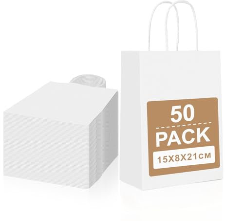 Gucass 50 Pezzi Piccolo Sacchetti Carta con Manici, Bianca Borse Carta Kraft Sacchetti da Regalo, 15x8x21cm, Shopper in Kraft Carta Borsa Regalo, per Feste Compleanno Natale Matrimoni Shopping