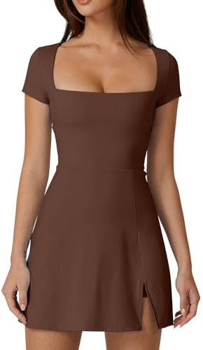QINSEN Damen-Tenniskleid mit quadratischem Ausschnitt, kurze Ärmel, integrierte Shorts, Golfkleid mit Taschen, Kastanie, Klein