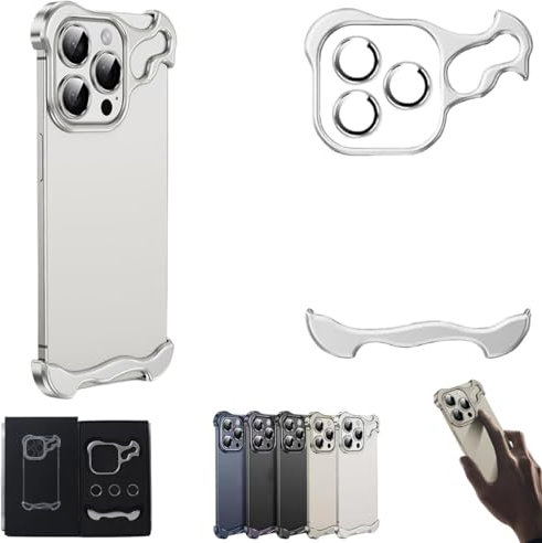 QQLADY Special-Shaped Metal Corner Pad Anti-Fall Phone Case with Lens Film,Luxury Corner Edge Pad Lens Protector for iPhone 15/14/13 Pro ProMax (Silver,For Iphone 15 pro Max)