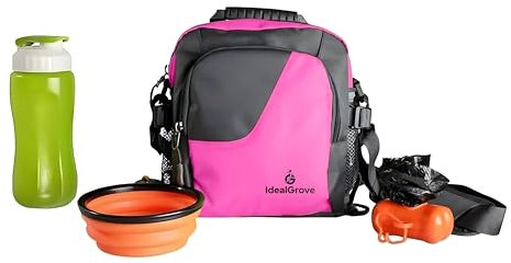 IDEALGROVE Dog Treat Bag with Collapsible Dog Bowl, with Water Bottle,Puppy Training Bag with Adjustable Belt and Shoulder Strap for Walking, Traveling, 3 Ways to Wear,Outdoor Use (Pink)