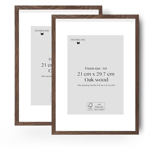 Framelane Set of 2 Bilderrahmen A4 Dunkelbraun - FSC-Zertifiziertes Holzbilderrahmen Dunkelbraun Aus Eichenholz, Mit Passepartout, Kratzfestes & Bruchsicheres Acrylglas, Für Wand- Und Tischaufstellung