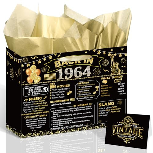 Yoirrat Geschenktüte zum 60. Geburtstag, für Damen und Herren, Vintage 1965, mit Grußkarten und Geschenkpapier für Partyzubehör, Schwarz / Gold