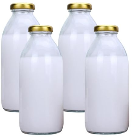 MEETOZ 4Pcs 500ml Glass Milk Bottles,with Pretty Gingham Lids Reusable Milk Bottle for Juices, Dressings, Sauces, Beverages, Decoration and Storage