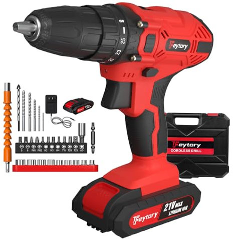 Akku Bohrmaschine 21V Akku Akkuschrauber Set mit 3/8'' Metallfutter, 25+1 Drehmomentstufen, LED-Licht, 45Nm, Elektrisch Bohrschrauber Set inkl. 2x Akkus, 29pcs Zubehöre, Ladegerät und Koffer(Rot)