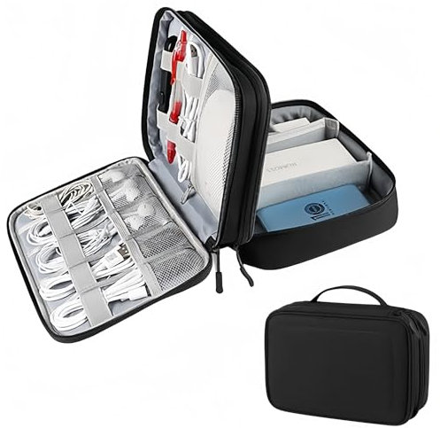 wigmoa Travel Electronics Organizer Waterproof Double Layer Cable Storage Bag for Electronic Accessories, Large Shockproof Case for Cords, Tablets, Power Banks Organizer Bag MT-Y (Black)