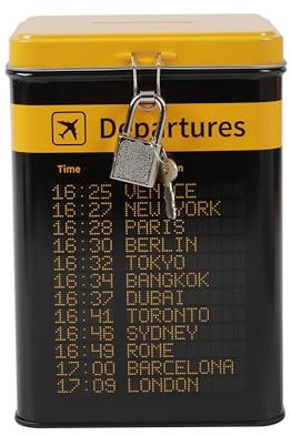 I-TOTAL® – Lustige Spardose mit Vorhängeschloss und Schlüssel, Sparbüchse aus Metall mit Verschluss (DEPARTURES)