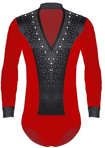 TiaoBug Herren Latein Body Langarm Hemdbody Ballettanzug V-Ausschnitt Stringbody Ballett Trikot Strasssteine Gymnastik Turn Leotard Tanzbekleidung