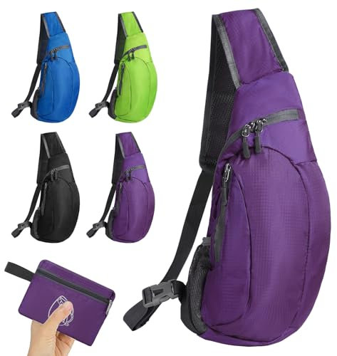 Foldable Sling Bag Small Sling Bag Lightweight Crossbody Backpack for Men One Strap Shoulder Chest Bag Sling Rucksack Bag for Hiking Cycling Travelling Outdoor (Purple)