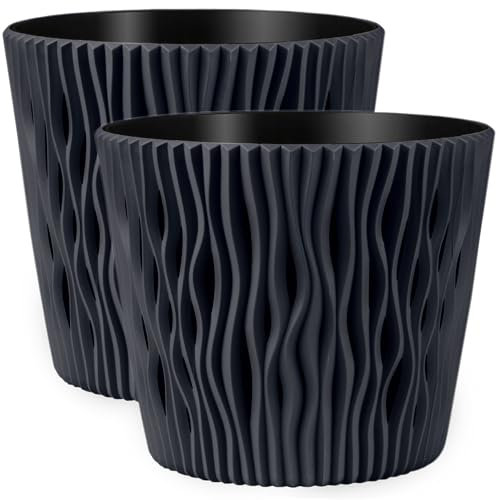 PECZEKO Lot de 2 pots de fleurs mats, ronds, en plastique, durables et légers, pour salon, salle à manger, cuisine, terrasse, balcon, anthracite, diamètre : 26 cm