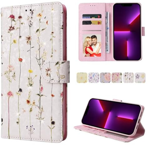FMPCUON Wallet Case for iPhone 13, Leather Flip Cover with [Card Holder][Kickstand][RFID Blocking] Magnetic Shockproof Phone Case Compatible with iPhone 13 - Dried Flower