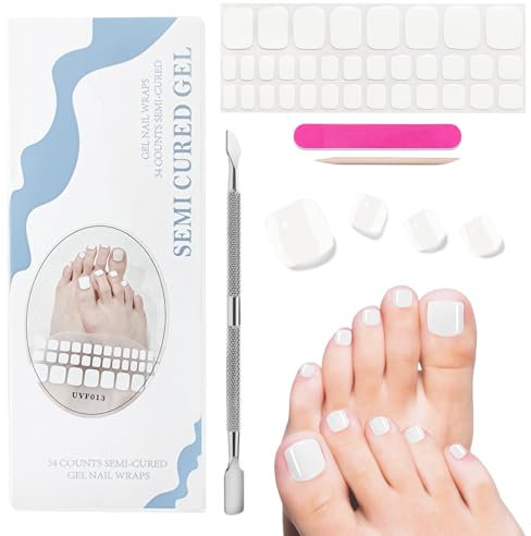 ZOCONE 34 Stück UV Nagelfolie für Füße Selbstklebende Gel Strips Nägel UV Füße Nagelfolie für Fußnägel UV Härtend Aufkleber Fussnägel zum Kleben Fußnägel Folien zum Aufkleben Damen (Weiß)