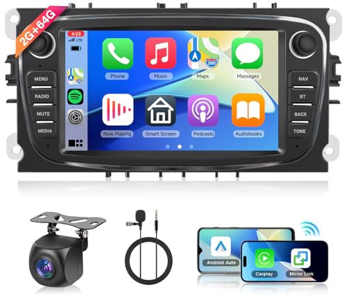Hodozzy 2+64G Autoradio per Ford Focus II S-Max Mondeo Galaxy Il C-Max Kuga Android 7 Pollici Touch Screen Carplay Android Auto, Stereo 2 Din Radio Bluetooth GPS WiFi FM/RDS Camera Schermo per Ford