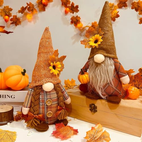 TanyoKing Herbstdeko Wichtel, 2 Stück Herbst Deko Wichtel mit Ahornblatt Kürbis Deko, Herbst Dekoration Herbstdeko Zum Aufhängen Wichtel Figuren Plüsch für Erntedankfest Weihnachten Baum deko (A)
