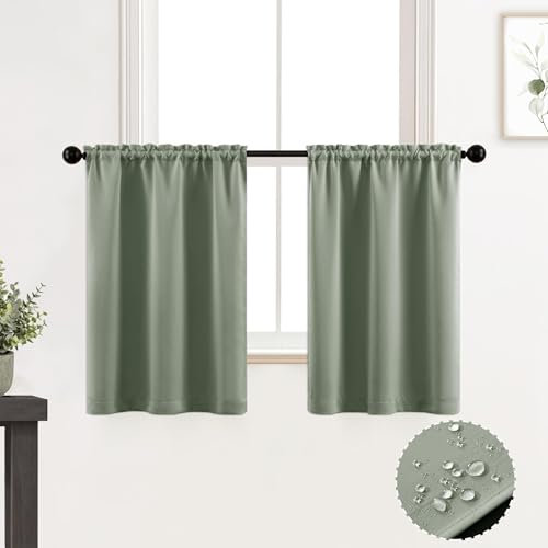 PIWINE Duschvorhang, Badezimmervorhänge for Fenster, Eukalyptus, Salbeigrün, wasserdicht, kleine Etagen, Boho-Küchenvorhänge, 61 cm Länge, 2er-Set