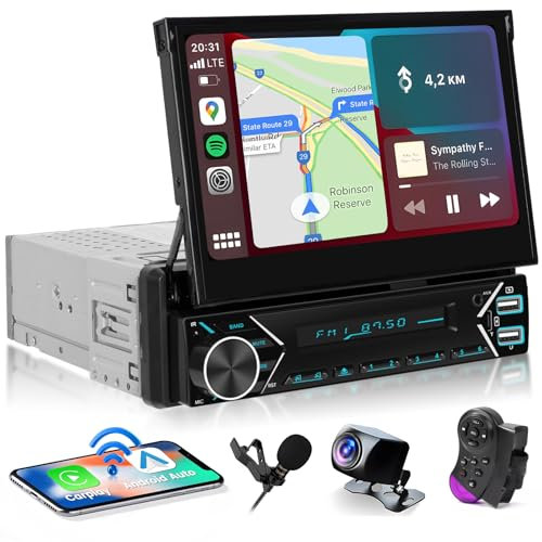 Hikity DAB/DAB+ Automatisch Autoradio 1Din Wireless Carplay Android Auto mit Bildschirm Ausfahrbar 7Zoll Auto Radio 1Din mit Bluetooth FM AUX USB Mirror Link MIC Lenkradsteuerung Rückfahrkamera