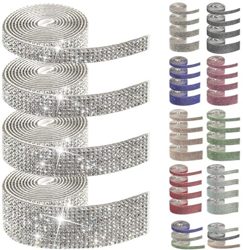 Swpeet Lot de 4 rouleaux de ruban de strass autocollants blancs de 4 tailles pour travaux manuels, décoration de téléphone