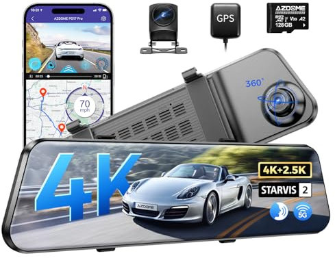 AZDOME 4K Spiegel Dashcam Auto Vorne Hinten mit 2.5K Rückkamera, 5G WiFi Autokamera, 64GB Karte enthalten, Super Nachtsicht Dash Cam, GPS, Sprachsteuerung, 12 IPS Touchscreen, 24H Parküberwachung