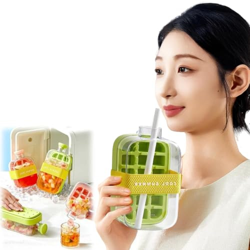 YUNYU Eiswürfelflasche mit Strohhalm & Tragegurt, 800ml 2-in-1 auslaufsichere gefriergeeignete Wasserflasche mit eingebautem Eiswürfelbehälter für kalte Getränke im Sommer, Eiskaffee, Outdoor, Büro