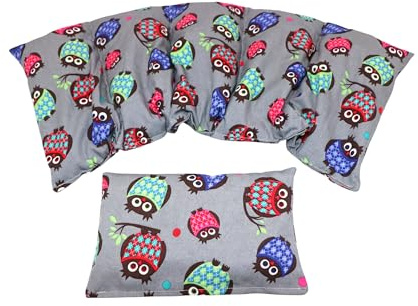 BUNTE MISCHUNG Kirschkernkissen 2 er Set Langes 51 x 20 cm 5 Kammer + kleines Körnerkissen Wärmekissen XXL Schulterkissen Nackenkissen Mikrowelle + Backofen (Grau Eulen, Raps)