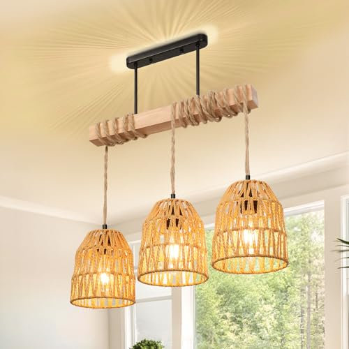 SERBASIC Deckenleuchte Rattan Lampe mit Glühbirne, E27 Hängelampe Boho Pendelleuchte Deckenlampe Vintage Lampe Decke Hängeleuchte für Wohnzimmer Esszimmer Schlafzimmer Küche Flur