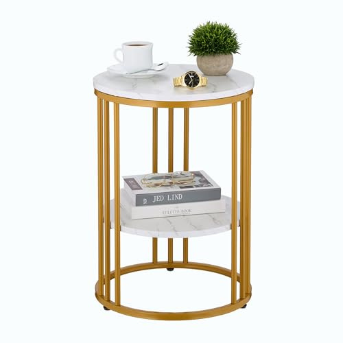 Relaxdays Beistelltisch Marmoroptik, 2 Ablagen, für Wohnzimmer, Metall & MDF, Sofatisch rund, HxD 56x40 cm, weiß/Gold