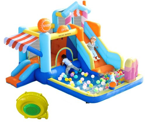 Hüpfburg mit Gebläse, Wasserpark Hüpfburg Kinder Wasserrutsche, Trampolin, kleine Rutsche, Springbrunnen, Wasserpistolen, Ladenmarkise, inklusive 450W-Gebläse