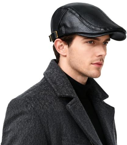OIXEYA Schirmmütze Herren aus PU-Leder Schiebermütze Schwarz Driving Cabbie Jagd Flatcap Newsboy Cap Baskenmütze Gatsby Barett Flatcap