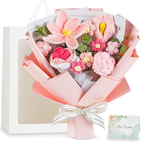 Kryndle Crochet Flowers Bouquet, Handmade Knitted Rose Flower Bouquet | Comes with Gift Bag and Greeting Card, Ideal Handmade Gift for Mother's Day, Teacher Appreciation and Anniversary