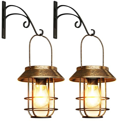 AOUNQ Solar Lights Outdoor Garden 2 Pack, High Brightness Metal Hanging Solar Lanterns for Outside with Wall Hooks, Waterproof Retro Bronze Garden Ornaments Outdoor Lantern Auto On/Off for Porch Patio