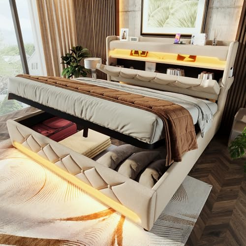 4ft6 Double Bed Frame with Hydraulic Lift&LED Concealed Storage Headboard, Functional Upholstered Ottoman Bed with LED Lighting&USB Charging, Linen Hydraulic Storage Bed with Slat, No Mattress, Beige