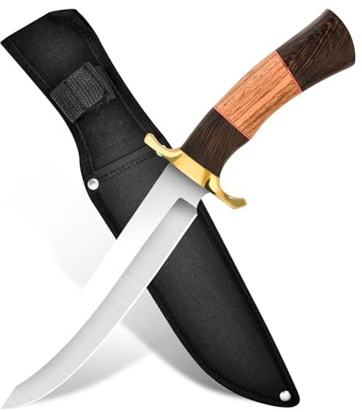 bhkz Jagdmesser aus 5Cr-Edelstahl, 18,5-cm-Klinge, Holzgriff, mit Scheide | 33 cm Jagdmesser mit 18,5-cm-Klinge aus 5Cr-Edelstahl, Holzgriff, Messing-Parierelement und Scheide