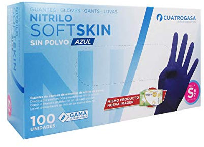 Guantes de nitrilo sin polvo Soft skin sin polvo libre de latex. Talla S 1 ESTUCHE DE 100U .Indicado para uso sanitario Certificado de calidad: ISO 9001