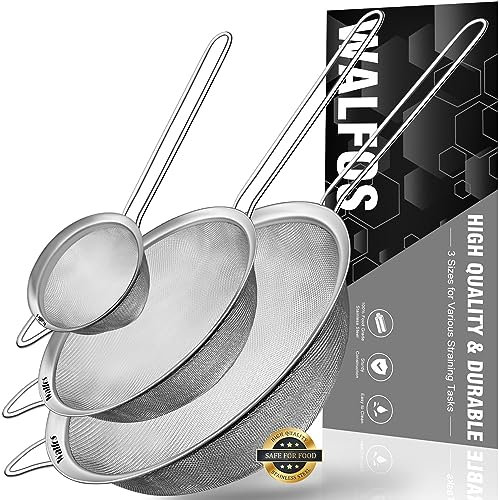 Walfos Feinmaschiges Sieb-Set, Premium-Edelstahl-Siebe und Siebe, mit verstärktem Rahmen, stabiler Griff, perfekt zum Sieben, Abseihen, Abtropfen von Gemüse, Nudeln, Tee – 3 Größen