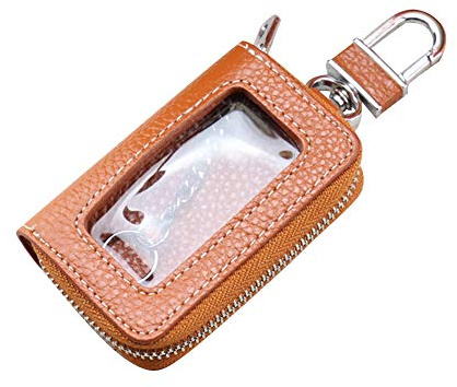 Asudaro Auto Schlüsseletui, Leder Autoschlüssel Hülle Brieftasche Schlüsselanhänger mit Reißverschluss, Transparente Auto Ledertasche für Männer und Frauen, Braun