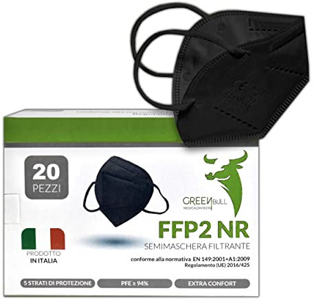 PERISTEGRAF Schwarze FFP2-Masken 20 Stück – CE 2233-zertifiziert, 100 % Made in Italy, 5 Schutzstufen, langlebige, elastische FFP2-Maske