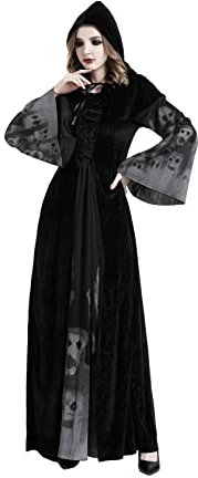 Buen Don Halloween Femme Costume, Déguisement Sorcière Mariée Fantôme Cosplay Femme FêTe Carnaval Cape à Capuche（L