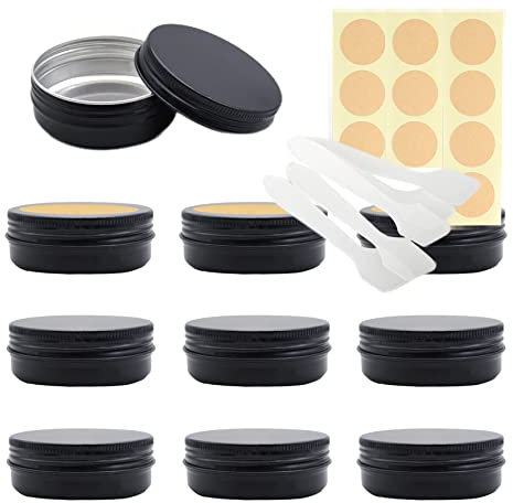Lusdoly 10 Pièces Pots en Aluminium Noir Mat 60ml - Ø68x25mm Pot Cosmétique Bougie Aluminium Vides Pots de Voyage Rondes pour Crème avec Mini Spatule et Étiquette